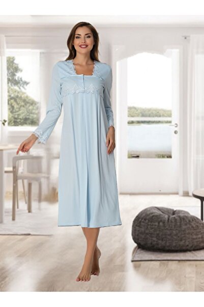 Effortt Dvina Maternity Pregnant Lace Detailed Long Sleeve Nightgown - Blue