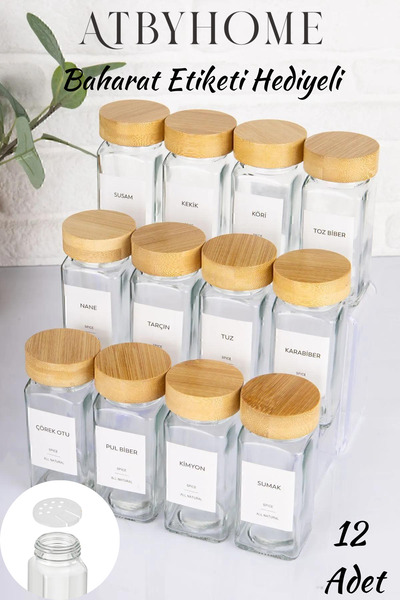 Saatistan Bambu Kapaklı 12 Adet Cam Baharatlık Seti 120 ml, Hediye Etiketli