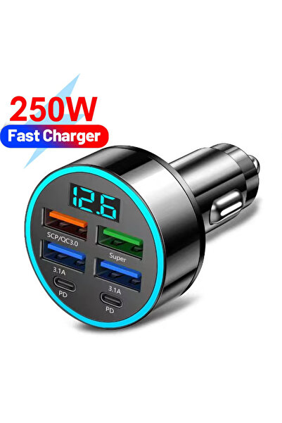 Choice شاحن سيارة 250 واط مزود بمنفذي شحن سريع 3.0 ومنفذ USB من النوع C وشاشة...