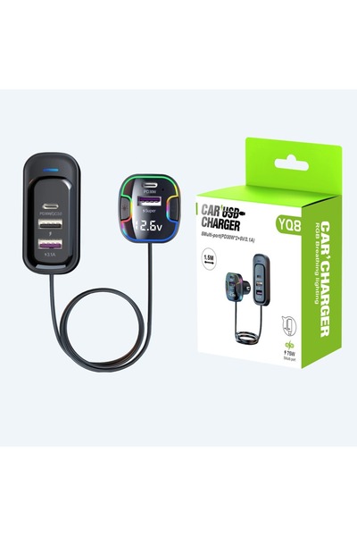 Choice YQ8-Black Fast Car Charger 5 Port USB Adapter with Rear Extension Cabl...