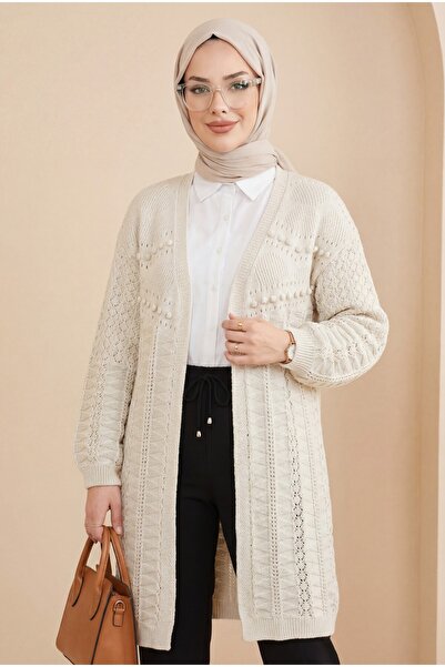 Modamorfo Pom-pom mixed pattern araboy knit cardigan - stone