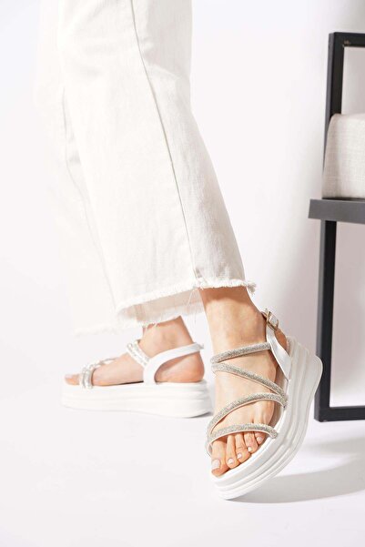 Moda Pie Heraste Band Stone Γυναικεία Χοντρή Σόλα Σανδάλια Λευκό