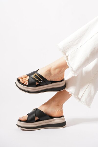 Moda Pie Sorem Cross Wefted Με αγκράφα Γυναικεία Χοντρή Σόλα Παντόφλες Μαύρο