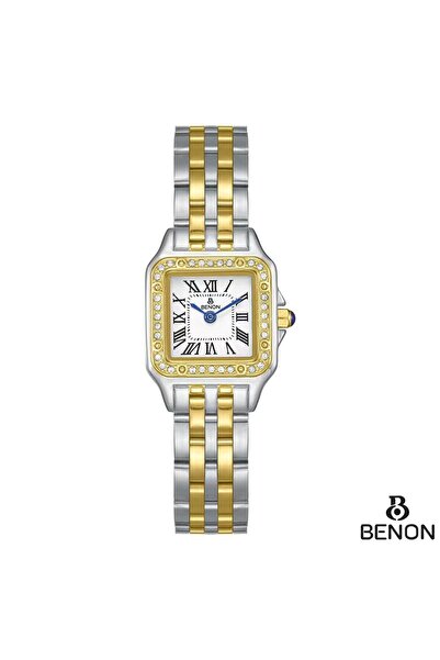 BENONE ساعة نسائية مربعة من ماركة Benon تتميز بسوار معدني باللونين الفضي والذ...