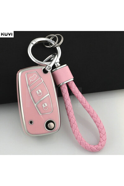 Choice1 طقم غطاء مفتاح سيارة وردي اللون من مادة TPU، قابل للطي، مع سلسلة مفات...