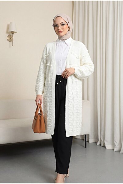 Modamorfo Pompom Mixed Pattern Araboy Knitwear Cardigan -Ecru