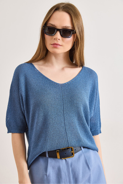 Olalook Women's Indigo V-Neck Mercerized Bat D Drapey Knitwear Blouse Blz-190...