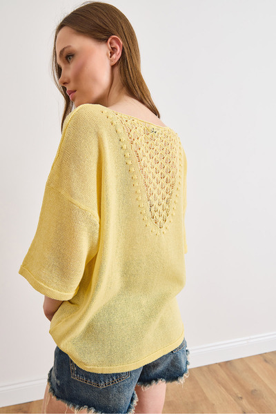 Olalook Women's Yellow Back Lace Look Cotton Content Knitwear Blouse Blz-1900...