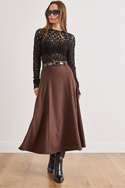 Olalook Women's Brown Zippered Belt Pack Poly Viscose Drapey A-Line Skirt Etk...