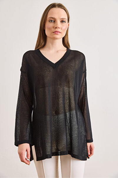 Olalook Women's Black V-Neck Loose Fit Sheer Knitwear Blouse Blz-19003255