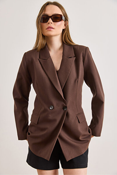 Olalook Дамско кафяво сако с подплата и двойно закопчаване от поливискоза CKT...