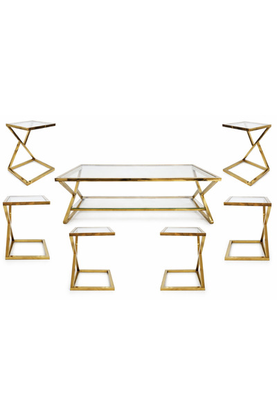 Generic طقم طاولات ستيل 7 قطع ضيافة مودرن بإطار ذهبي – تصميم هندسي فاخر ✨