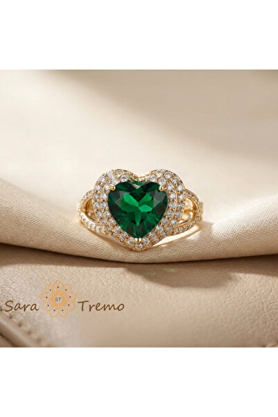 SaraTremo Imperial Heart Ring – 14K Gold Plated Ring with Green and White Zir...
