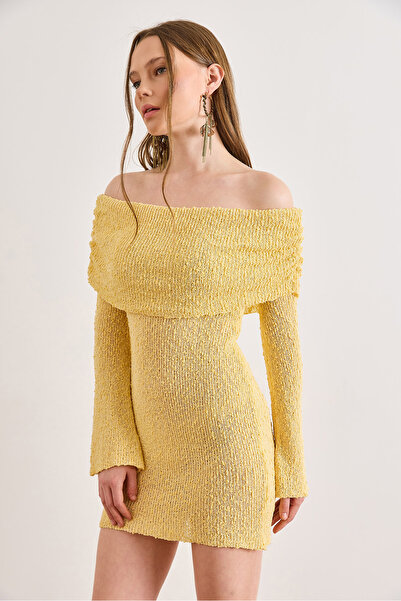 Olalook Women's Yellow Madonna Collar Textured Lightweight Sheer Mini Dress E...