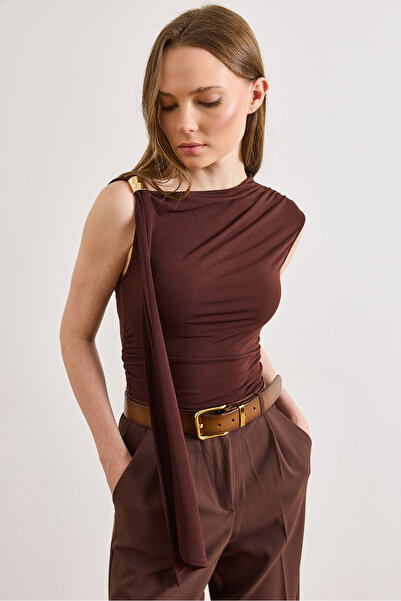 Olalook Women's Brown Accessory Detail Drape Sandy Blouse Blz-19003242