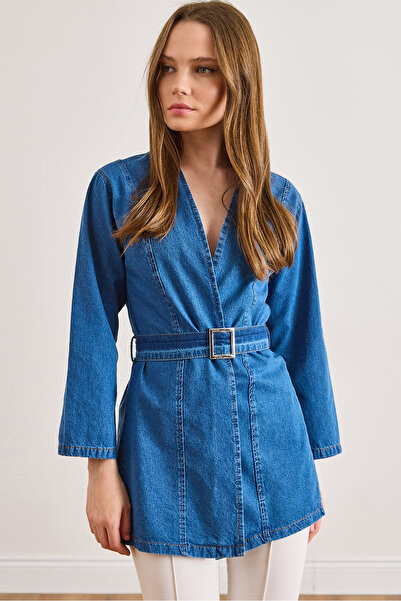 Olalook Women's Medium Blue Belted Jacket Transitional Denim Ckt-19000515