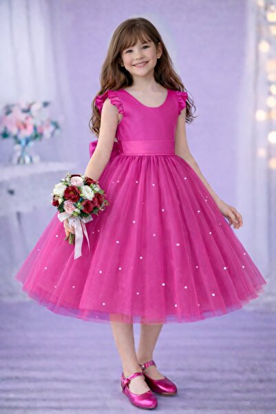 MadyaButik Kız Çocuk Fuşya Pembe Fırfır Kol İncili Elbise Mezuniyet Doğum Gün...