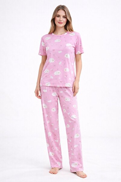 moda paketi Pink Sheep Patterned Women's Viscose Pajama Set