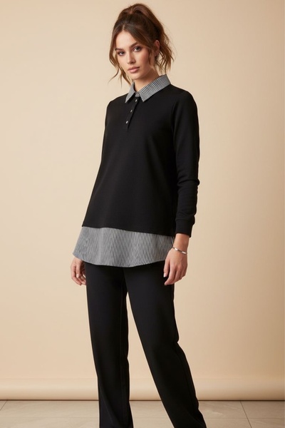 Ded COLLECTION طقم نسائي مكون من قطعتين بياقة بولو وقميص مخطط وسويت شيرت قماش...