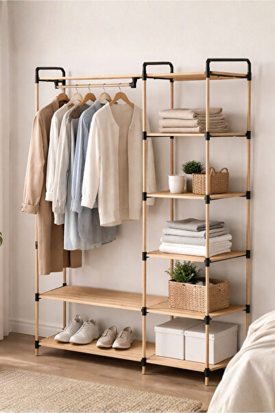 HOMİNG Raflı Ahşap Elbise Askılığı Organizeri Düzenleyici 242510
