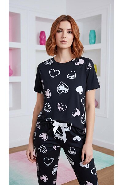 moda paketi Black Heart Patterned Women's Viscose Pajama Set