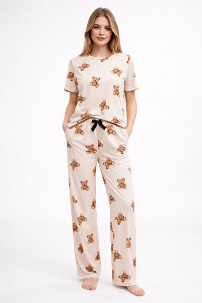 moda paketi Beige Teddy Bear Patterned Women's Viscose Pajama Set