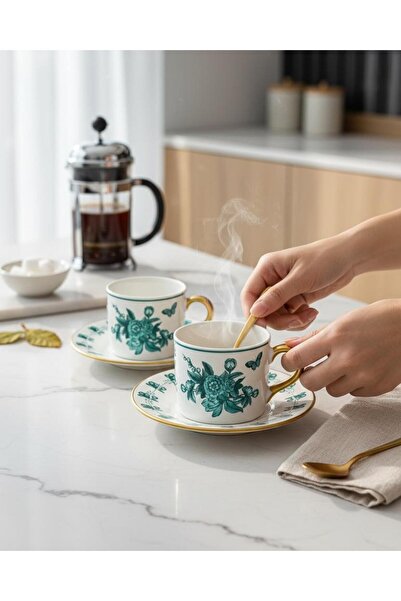 Onedekor 2-Person Double Amber Bloom Green Coffee Cup