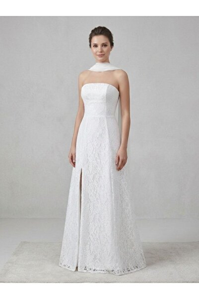 Tangül&Ali'S Moda Evi Şal Detaylı Straplez Beyaz Yırtmaçlı Elbise