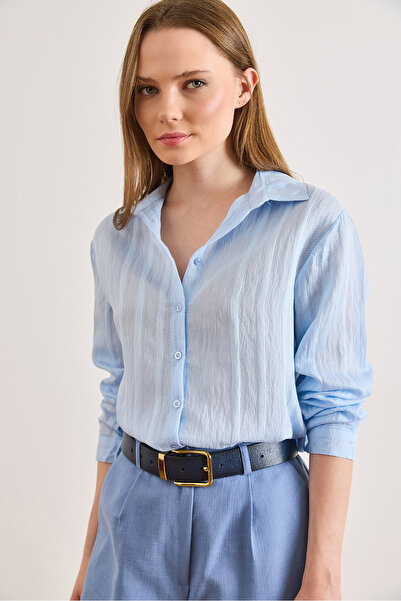 Olalook Women's Baby Blue Patch Textured Long Sleeve Shirt Gml-19001428