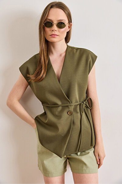 Olalook Women's Khaki Belted Single Button Lined Vest Ylk-19000054