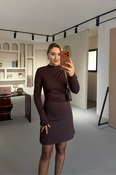 Sezgi Tekin Drape Detail Shoulder Padded Shoulders Brown Dress