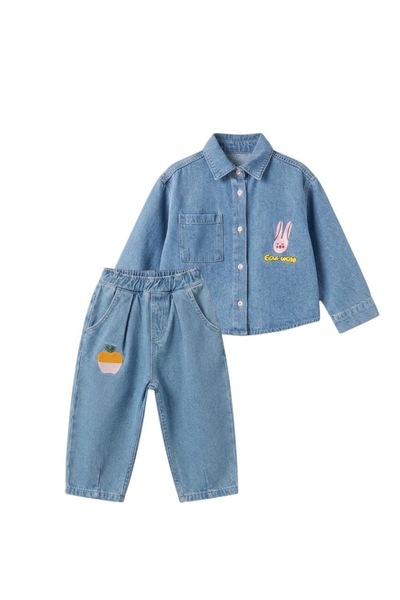 Alvadonna Denim Rabbit Embroidered Shirt and Balloon Jeans Two-Piece Set