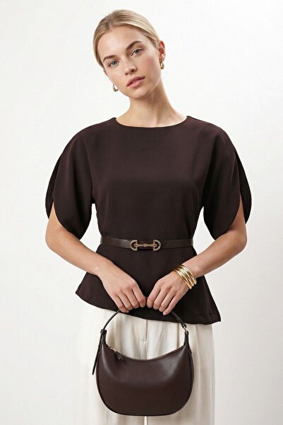Ritnice Women's Vance Crew Neck Drop-Shoulder Slim K Belt I Brown Tok Fabric ...