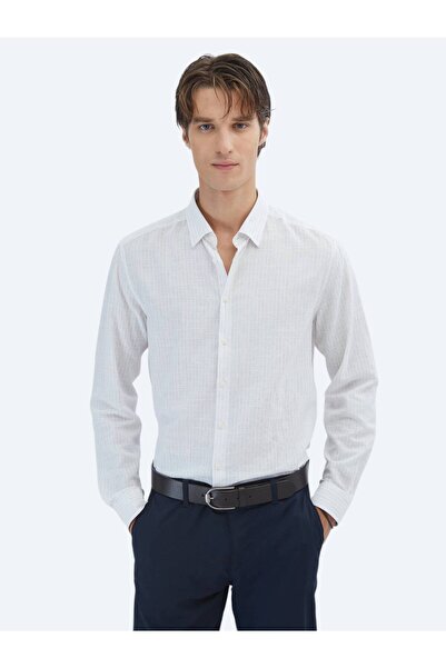 Kip Μπλε ριγέ κανονική εφαρμογή υφαντό casual πουκάμισο από 100% βαμβάκι