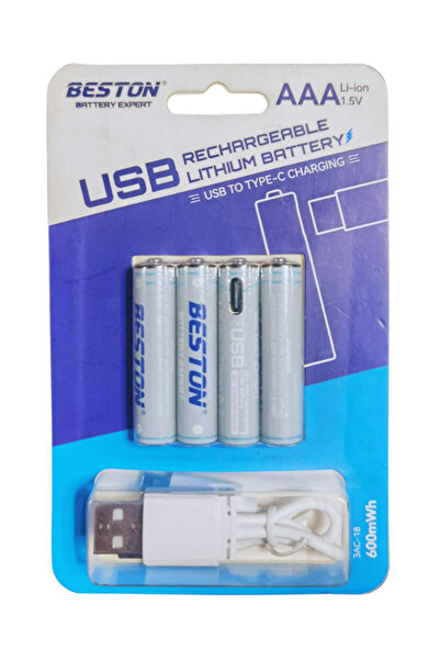 Beston AAA 1.5V 400mAh USB Şarjlı Li-ion Pil 4’lü Set Type-C Şarj Edilebilir ...