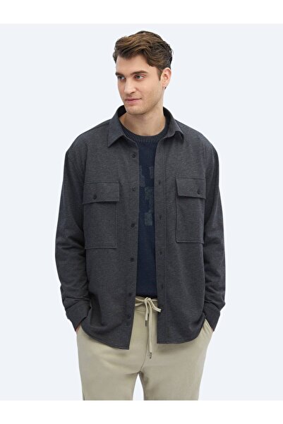 Kip Anthracite Plain Oversize Fit Casual Cotton Blended Shirt