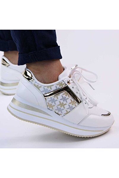 mm Sneakers casual de dama, cu platforma si insertii aurii 28706-WHITE