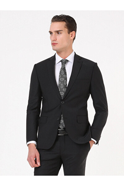 Kip Black Plain Regular Fit Wool Blended Suit