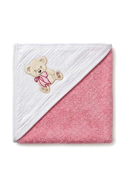PRICHINDEL Hooded Towel, Teddy Bear with Bow, Muslin and Cotton, Pink, 80x100 cm