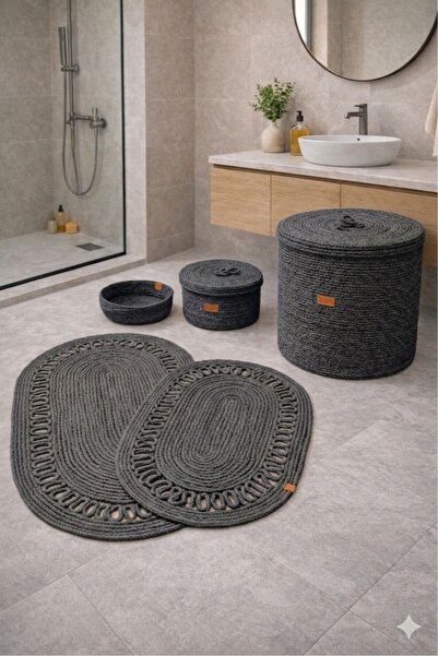 SURENO Set de baie din răchită din iută, coș de rufe 40 x 45, covoraș de baie...