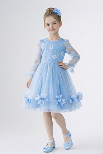 nacar çarşı Момичешка синя рокля с бродерия от тюл и цветя, 23 април, костюм ...