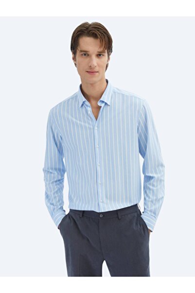 Kip Plava Prugasto obična ležerna Mešavina pamuka košulja