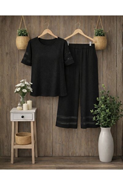 JANES Kadın Bisiklet Yaka Tül Şerit Detaylı Bluz Pantolon İkili Takım