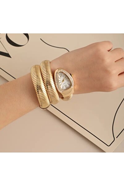 stainless steell ساعة VIP ذهبية اللون بتصميم بوهيمي على شكل ثعبان d منقوش مع ...