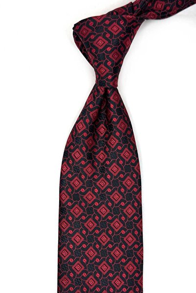 Kravatkolik Black - Red Motif Pattern Classic Tie with Handkerchief Kk13444