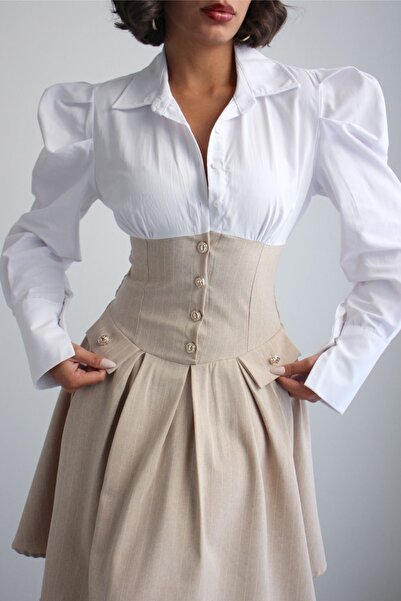 Ded COLLECTION Kadın Beyaz Gömlek Üstlü Çizgili Korse Detaylı Zarif Vintage S...