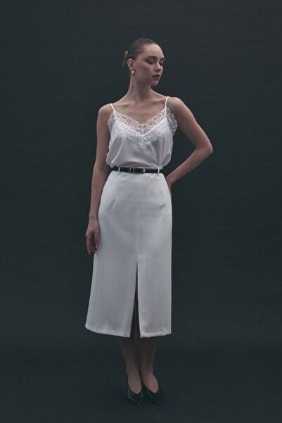 Sateen Anna Slit Skirt - Ecru