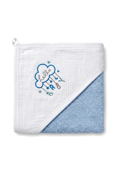 PRICHINDEL Hooded Towel, Hello Baby, Muslin and Cotton, Blue, 80x100 cm