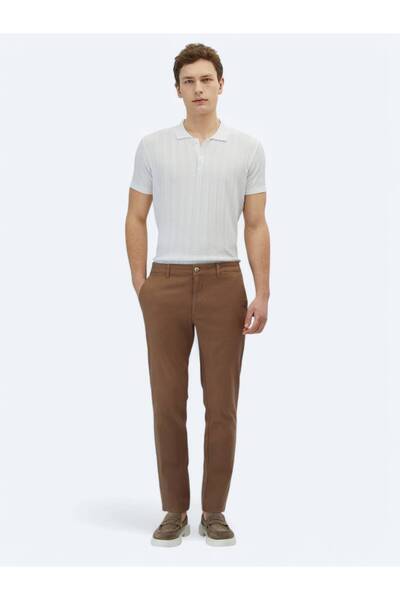 Kip Pantaloni casual din amestec de bumbac, cu țesătură simplă, maro deschis