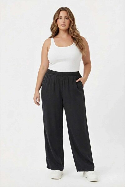 RMG Wide-Leg Plus Size Smoked Trousers with Elastic Waistband